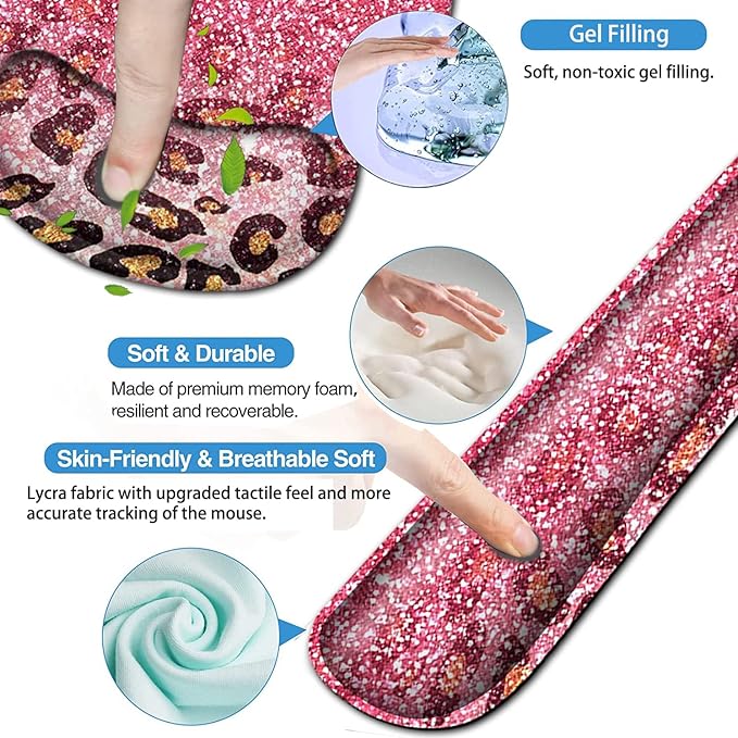 Ergonomic Mouse Pad Gel Wrist Support and Memory Foam Keyboard Wrist Rest Set for Gaming Computer Office Laptop Easy Typing Wireless Mouse Mat Pink Glitter Leopard Pattern Office Desk Pad