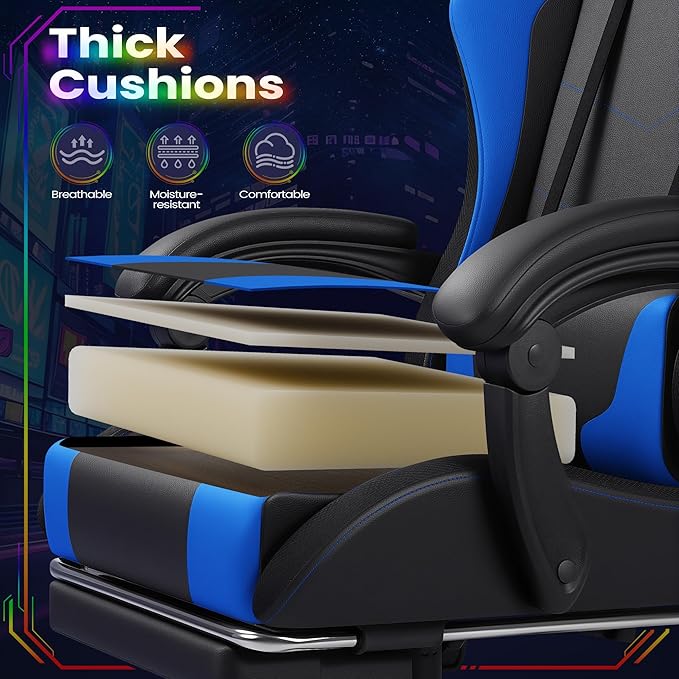 Homall Gaming Chair Video Game Chair with Footrest and Massage Lumbar Support Ergonomic Computer Chair Height Adjustable with Swivel Seat and Headrest (RGB Blue)