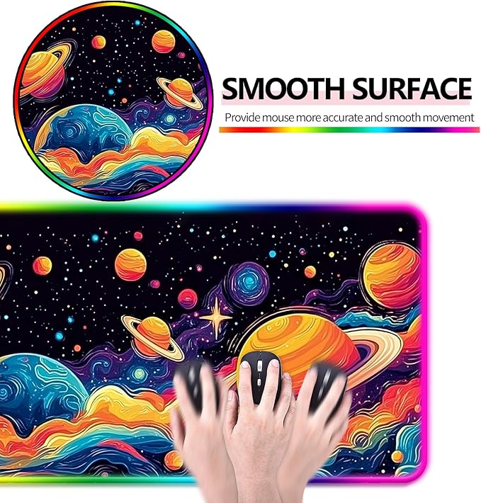 RGB Fantasy Space Planet Gaming Desk Mat Computer Keyboard Large Extended Long Boy LED Mouse Pad for Office and Home XL (W09)