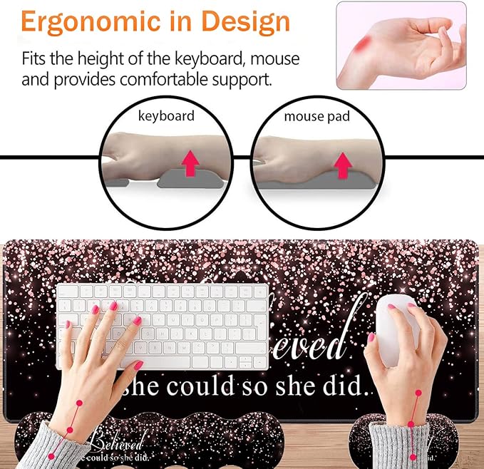 Large Gaming Mouse Pad Keyboard Wrist Rest + Mouse Wrist Pad + Coaster Combination Set Memory Sponge Non-Slip Base. Suitable for Office and Home She Believed She Could So She Did