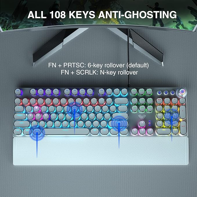 AULA F2088 Typewriter Style Mechanical Gaming KeyboardRainbow LED BacklitRemovable Wrist RestMedia Control KnobRetro Punk Round KeycapsUSB Wired Computer KeyboardWhite (Renewed)