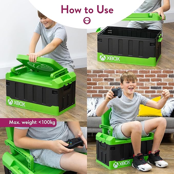 Numskull Xbox 2-in-1 Toy Storage Box &amp Folding Chair - Gaming Accessory Organizer with lid and handles for Family Rooms Official Microsoft Merchandise