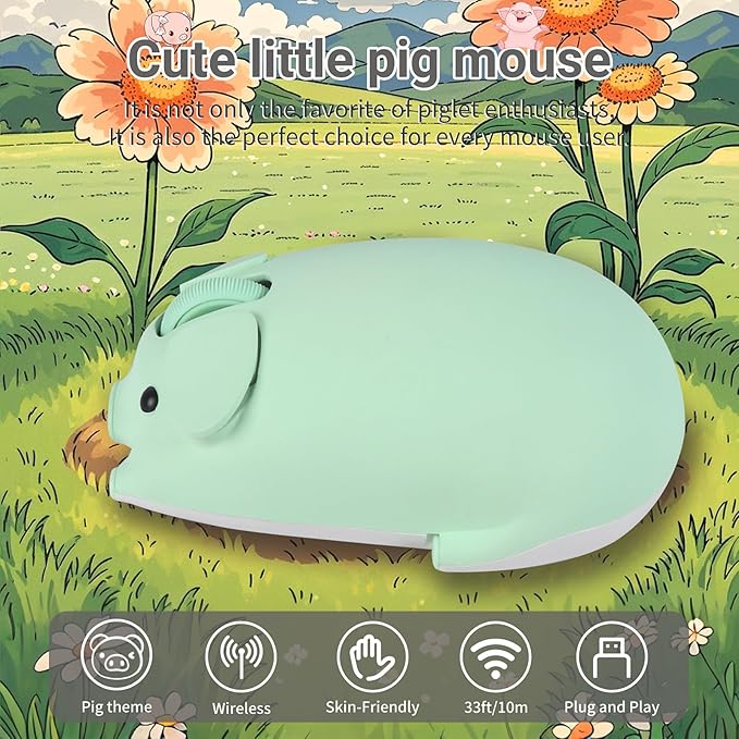 elec Space Cute Pig Design Wireless Mouse Dual Mode Bluetooth &amp USB Mouse Silent Operation Ergonomic Perfect for Laptops &amp PCs Ideal Gift for Animal Lovers and Family(Green)