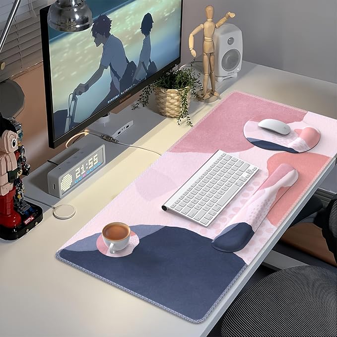 iCasso Desk Mat Gaming Mouse Pad Wrist Support Set XXL Large Mousepad + Keyboard Wrist Rest+Mouse Wrist Rest+Coastert with Ergonomic Design for Home Office Computer (C-Four-Pink-Block)