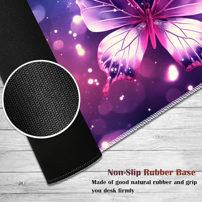 Gaming Mouse Pad Set Large Gaming Mouse Pad+Keyboard Wrist Rest+Mouse Wrist Rest+Coaster Easy Typing Pain Relief 31.5 × 11.8 inch Desk Mat for Home Office - Pink Purple Butterfly