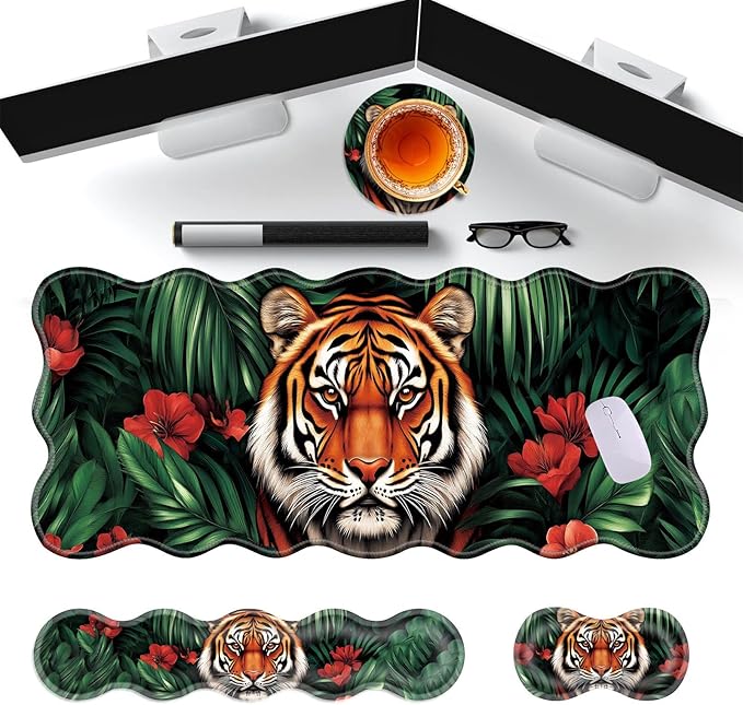 Large Gaming Mouse Pad Keyboard Wrist Rest Pad &amp Wrist Support Mousepad Set Stitched Edge Extended Non-Slip Base Memory Foam Desk Mat for Office HomeTiger Face