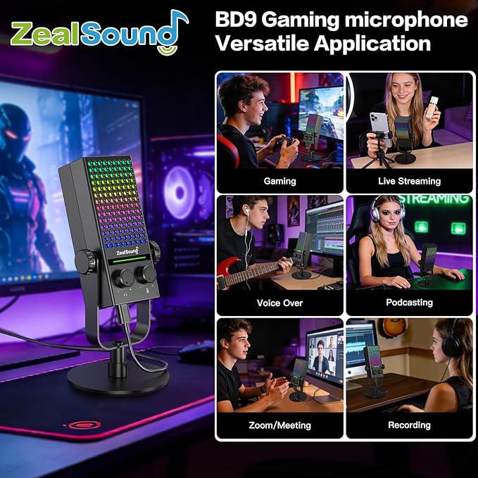 ZealSound Gaming Microphone for Xbox PC &amp Mac Noise Cancellation Streaming Mic with One Tap Mute RGB Lighting Monitoring Gain Control Condenser Mic for iPhone Computer Podcast Gamer YouT