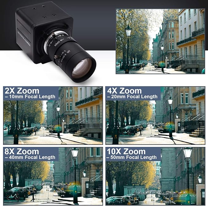 SVPRO 4K Ultra HD Webcam USB Digital Industrial Camera with CS Mount 5-50mm Telephoto Zoom Manual Lens UVC Free Drive10X Optical Zoom Video Camera with Sony IMX317 Sensor