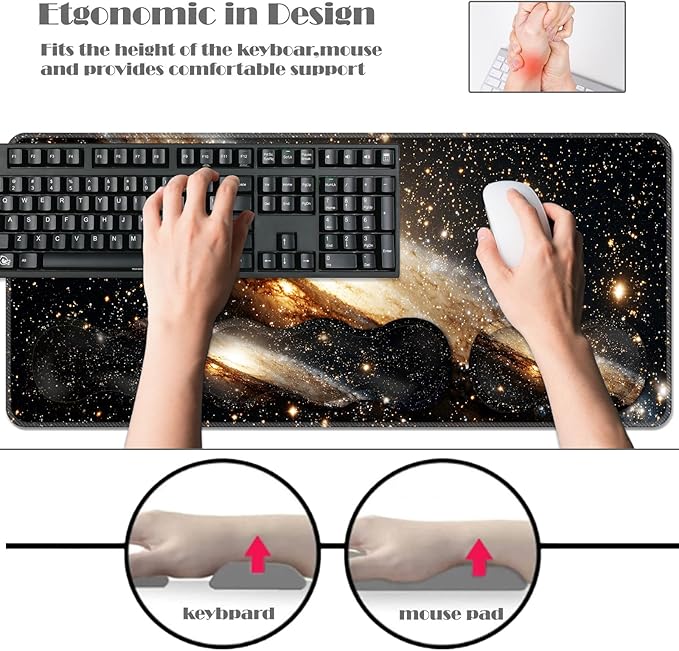 Ergonomic Keyboard Wrist Rest &amp Mouse Pad Wrist Rest SetXL Gaming Desk Mat 31.5x 11.8Non-Slip BaseMemory FoamEasy Typing Pain Relief for Office &amp HomeGalaxy in Deep Space