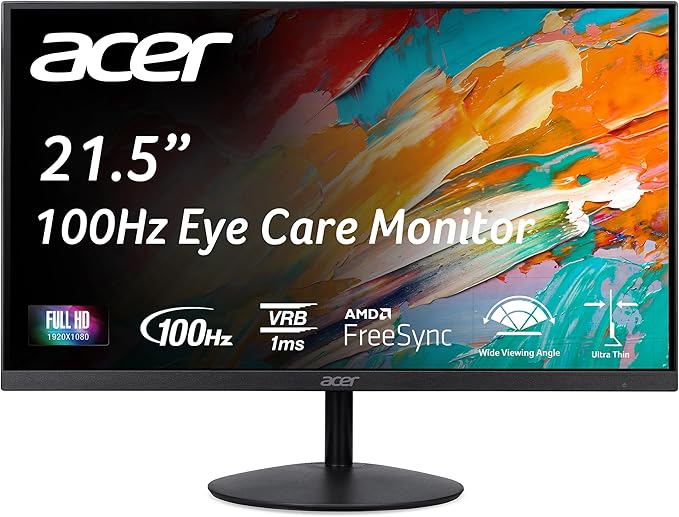Acer SB222Q EBI 21.5 FHD 1920 x 1080 IPS Zero-Frame IPS Gaming Office Monitor | AMD FreeSync Technology | Ultra-Thin Stylish Design | Up to 100Hz | 1ms VRB | Low Blue Light | Tilt | HDMI &amp VGA Po