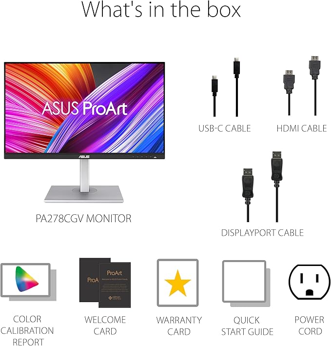 ASUS ProArt Display 27” 1440P Professional Monitor (PA278CGV) - IPS QHD (2560 x 1440) 144Hz 95% DCI-P3 ΔE &lt 2 Calman Verified USB-C PD 90W FreeSync Premium DisplayHDR 400 Height Adjustable