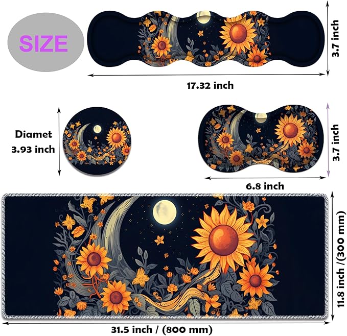Large Gaming Mouse Pad Keyboard Wrist Rest Pad + Mouse Wrist Pad + Coaster 4 in 1 Set Extended Waterproof Non-Slip Desk Mat Suitable for Office Home Learning Games Sunflower Moon