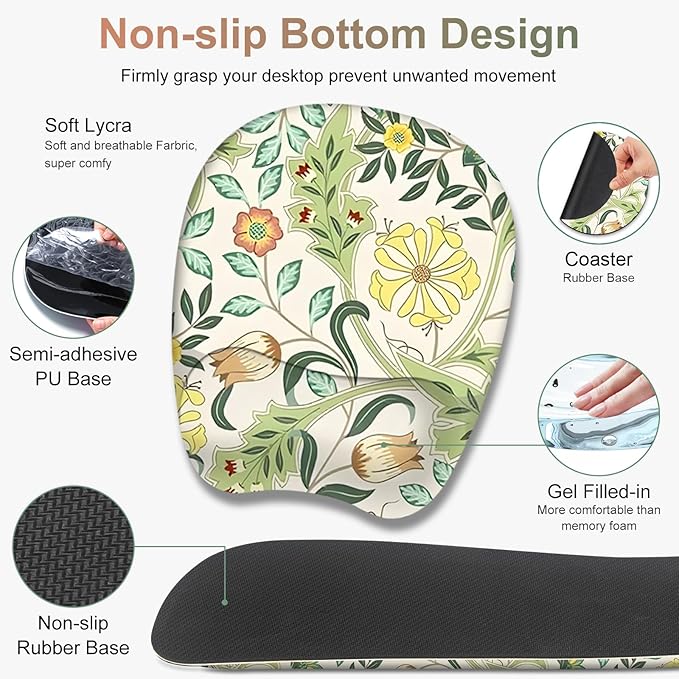 4 in 1 Large Mouse Pad Keyboard Wrist Rest Set Ergonomic Mouse Pad with Wrist Support Desk Mat with Stitched Edges Extended Desk Pad Waterproof Desk Mat for Home Office Game I Green Flower Plants
