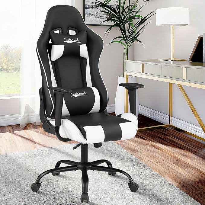 BLKMTY Gaming Chair Office Chairs High Back Computer Leather Desk Chair Racing Executive Ergonomic Adjustable Swivel Task Chairs with Headrest and Lumbar Support White