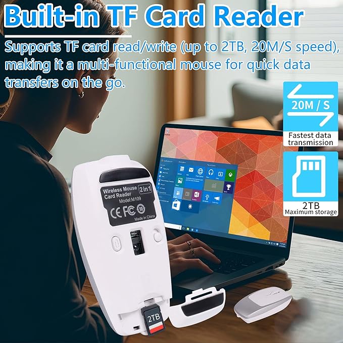 Wireless Mini Bluetooth Mouse with Card Reader (Up to 2TB)Portable Compact Silent Rechargeable Small Finger Optical Travel Mouse for PC/Laptop/Tablet/Smartphone Students Kids Girl Boy Gift (Silver)