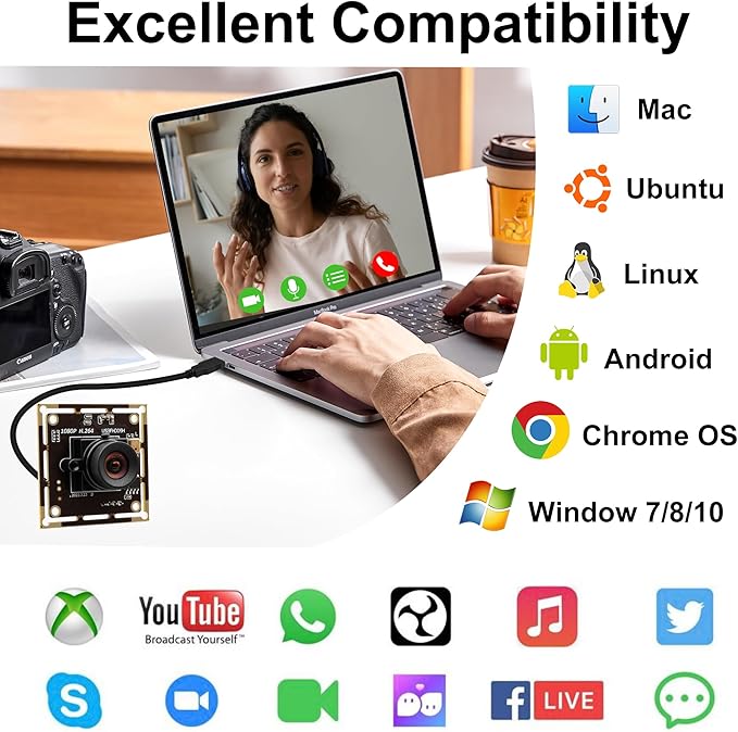 1080P USB Camera Module 30fps Video Camera Wide Angle Webcam No Distortion H.264 Low Light with Microphone for Windows Android Linux Mac PC Laptop