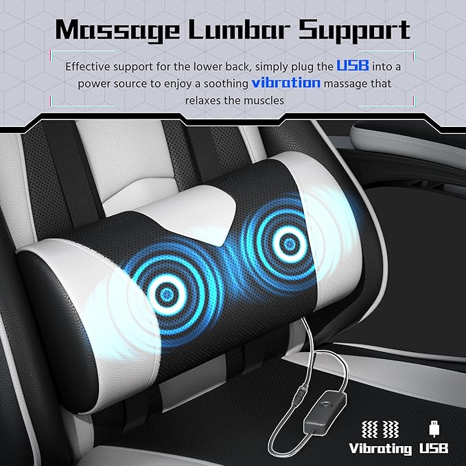 Yaheetech Gaming Chair Video Game Chair with Massage Lumbar Support and Footrest Height Adjustable Ergonomic Computer Gaming Chair with Swivel Seat and Headrest Black/White