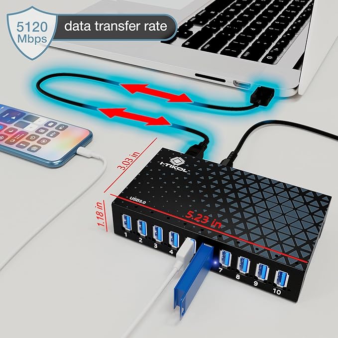 10 Ports USB Hub 3.0 Powered Aluminium - USB Hub Charger - Multiple Port - USB Splitter Hub with Power Adapter 12V/5A/60W - for Laptop PCFlash Drives HDDHard DriveMouseXPSXboxKeyboard