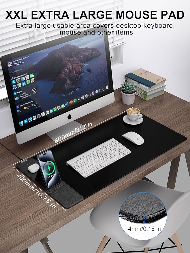 TopMade 4-in-1 Mouse Pad with 15W Wireless Charging Foldable Phone Holder 31.5 x 15.75 XXL Large Desk Pad Gaming Mousepad with Ultra-Smooth Surface Non-Slip Base Waterproof Desk Mat Black