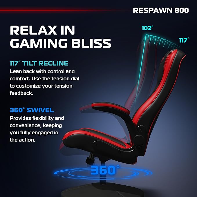 Respawn 800 Swivel Rocker Gaming Chair - Ergonomic Floor Gaming Seat with Lumbar Support Flip Up Armrest High Back Pedestal Base Comfortable No Wheels Console Video Game Rocker Chair - Red
