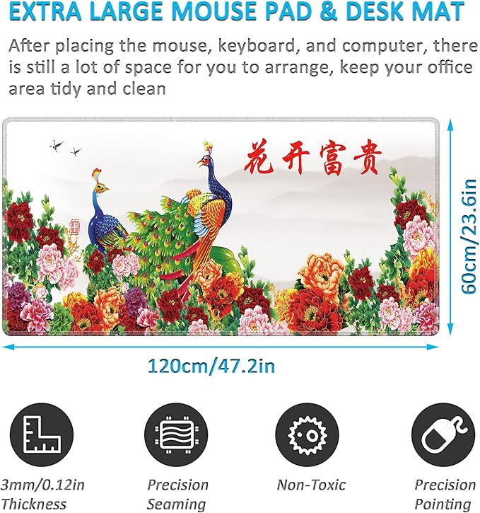 LL-COEUR XXL Landscape Gaming Mouse Pad Computer Keyboard Mat Office Desk Pad (Peacock 47.2 x 23.6 x 0.12)