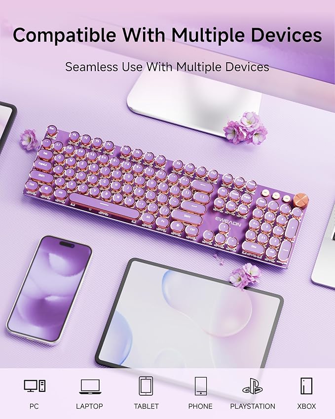 EWEADN V20 Typewriter Keyboard Wireless 104 Keys Typewriter Style Mechanical with White Backlit Media Knob Pink Switch 2.4G/Bluetooth/USB-C Wired Retro Full Size Keyboard for Windows/Mac/PC-Purple