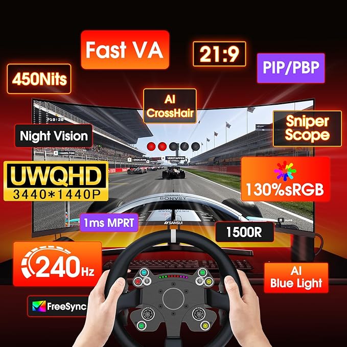 SANSUI 34 Inch 240Hz Ultrawide Curved Gaming Monitor UWQHD 3440×1440 21:9 2K Curved Monitor 1500RHDR400Fast VA PIP/PBPAI CrosshairAIPQ(Visual Enhance)MPRT 1msHDMI2.1*2DP1.4*2(DP Cable Incl.)