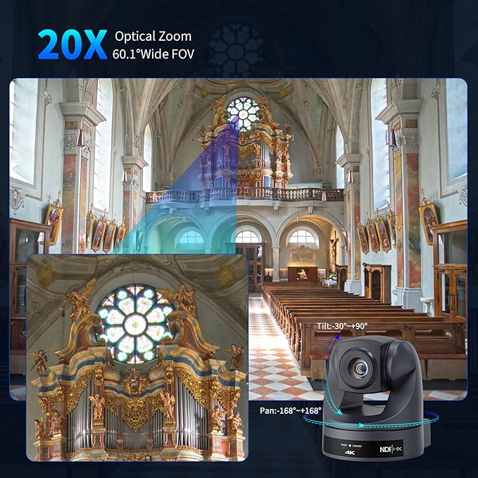 4K NDI PTZ Camera 20X HDMI USB LAN Outputs Video Conference Camera Webcam for Church Worship/Events Services/EducationWorks with ZoomSkypeOBS