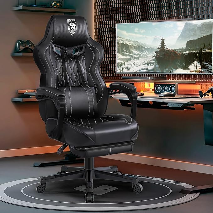 Vonesse Gaming Chair Computer Office Chair with Footrest Reclining Gaming Chairs for Adults Big and Tall Ergonomic Gaming Chair with Lumbar Support and Massage (Black)