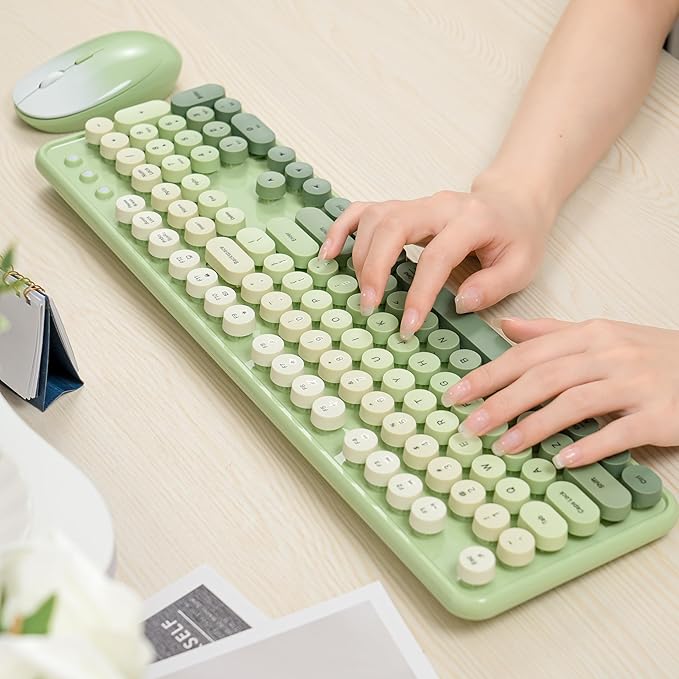 Colorful Wireless Keyboard and Mouse Combo COVEVA 2.4GHz Wireless Retro Cute Round Keycaps Keyboard 104 Keys Full-Sized Keyboard Mouse Set with Switch Button for PC Laptop Desktop (Green Gradient)