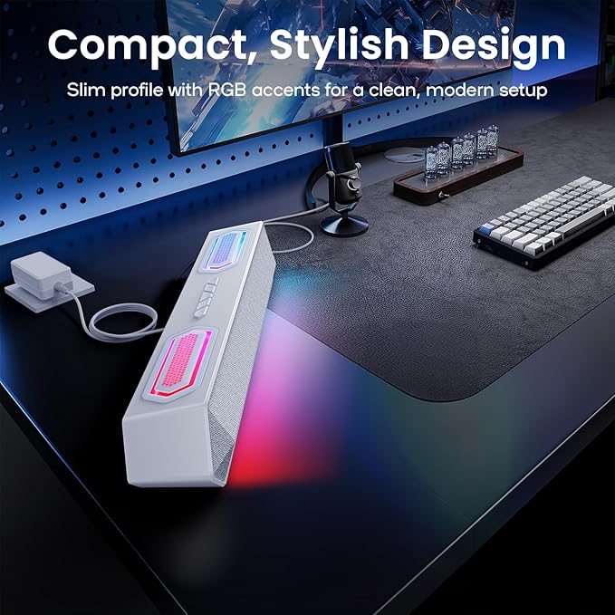 Deeyaple Computer Speakers 40W PC Speakers for Desktop Monitor with Bluetooth 5.3 &amp USB Audio HiFi Stereo Gaming Soundbar with Custom EQ Software Dynamic RGB Lighting for Laptop PS4 PS5 Whit