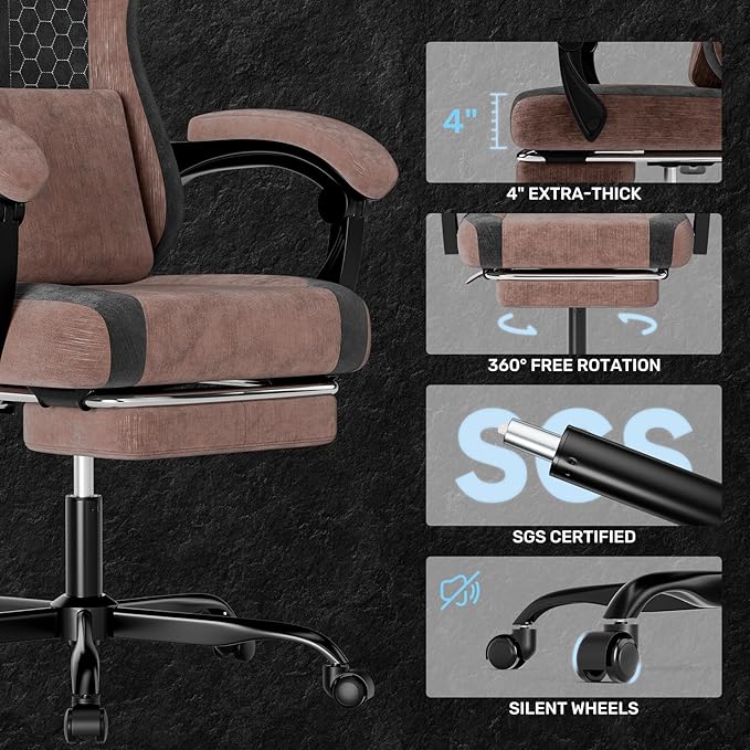 SUKIDA Fabric Video Gaming Chair Ergonomic High-Back Computer Game Chairs with Large Massage Adjustable Lumbar Support Headrest and Linked Armrests for Long Hours Sitting Task Chair Brown