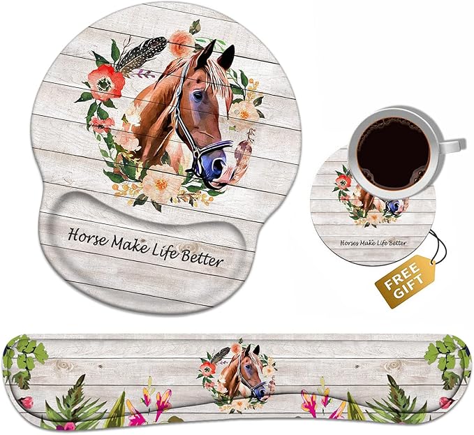Keyboard Wrist Rest + Mouse Pad Wrist Support Set with Coasters Non-Slip PU Base Ergonomic Mousepad for Home Office Working Studying Easy Typing &amp Pain Relief Horse Theme Horses Make Life Bette