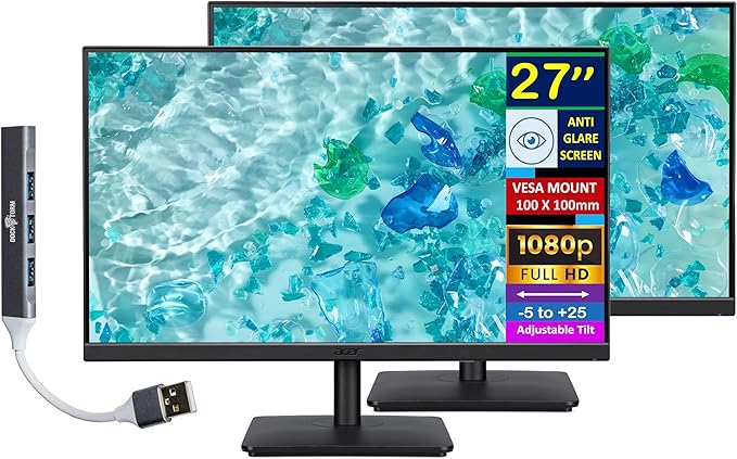 acer 27 FHD IPS Monitor w/ 4ms Response Time Anti Glare VESA Mount (100mm) HDMI VGA &amp Black Color 2 Pack with Dockztorm Hub &amp ErgoFlexy Dual Monitor Mount