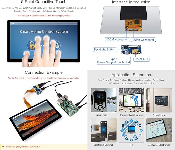 waveshare 7inch IPS Integrated Display Compatible with Raspberry Pi 5/4B/3B+/3B/2B/B+/A+/Zero/Zero W/WH/Zero 2W Supports Jetson Nano and Windows PC 1024 × 600 Resolution with Touch with Accessories