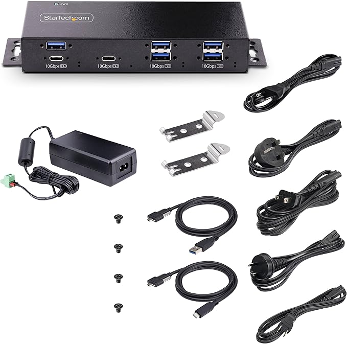 StarTech.com 7-Port Industrial USB 10Gbps Hub with Power Adapter Metal Mountable 5X USB-A/2x USB-C Downstream Ports TAA