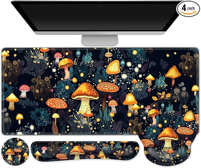 Gaming Mouse Pad Large Desk Mat Cute Desk Pad Protector 4in1 XXL Mousepad + Keyboard Wrist Rest+Mouse Wrist Rest+Coaster Set with Ergonomic Desk Pad for Home Office Table Computer Lovely Mushroom