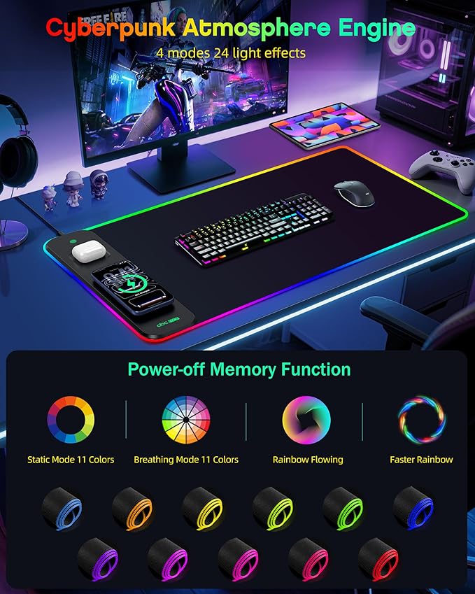 3-in-1 RGB Gaming Mouse Pad with Magnetic Wireless Charging 31.5x15.8 Large 24 Light Effects Non-Slip Base Waterproof Ultra-Smooth Surface with Adapter