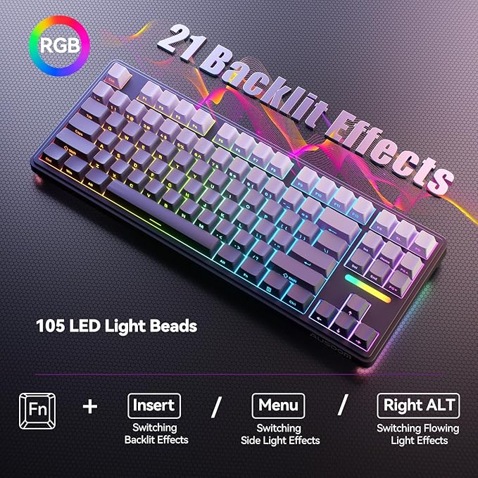 AUSDOM H87 Wireless Mechanical Keyboard 10000mAh Battery Gasket Hot Swappable Custom Keyboard with RGB Backlit Side Printed PBT Keycaps Tri-Mode BT5.3/2.4GHz/USB-C Gaming Keyboards Black Grey