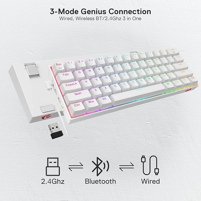 Redragon K530 Pro Draconic 60% Wireless RGB Mechanical Keyboard BT/2.4Ghz/Wired 3-Mode 61 Keys Compact Gaming Keyboard w/Hot-Swap Socket Free-Mod Plate Mounted PCB &amp Linear Red Switch
