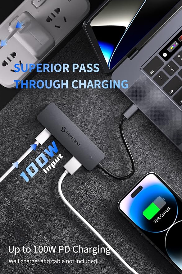 UtechSmart USB Hub 4-Port USB 3.0 Hub Ultra-Slim USB Adapter for Laptop 5Gbps Fast Data Transfer USB 3.0 Splitter for Dell HP MacBook (Grey)