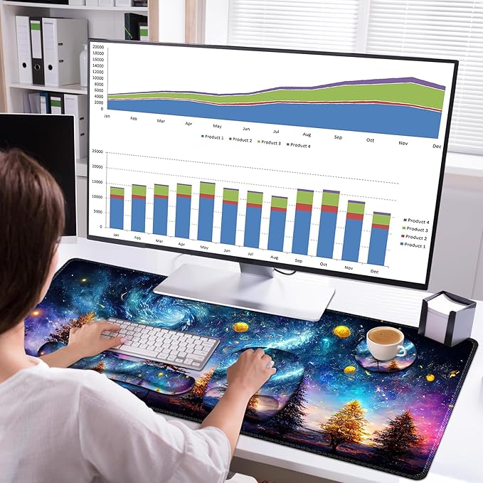 4 in 1 Large Mouse Pad Keyboard Wrist Rest Set Ergonomic Non-slip Waterproof Colorful World