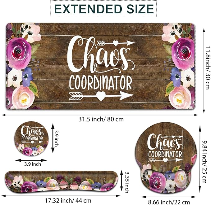 Large Mouse Pad Ergonomic Mouse Pad with Wrist Rest and Keyboard Wrist Rest 4 in 1 Set 31.5 x11.8 inch Extended Desk Pad for Home OfficeChaos Coordinator Quotes Watercolor Floral Gaming Mouse Mat