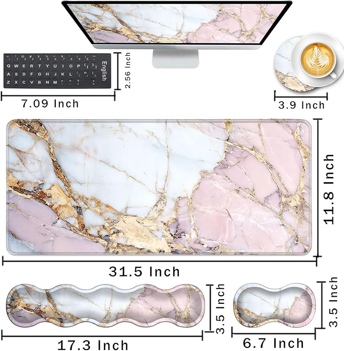 Keyboard Wrist Rest and Mouse Pad with Wrist Support Set Ergonomic CoasterMemory FoamEasy Typing Pain ReliefLarge XL Desk Mat 31.5x 11.8Colorful Marble