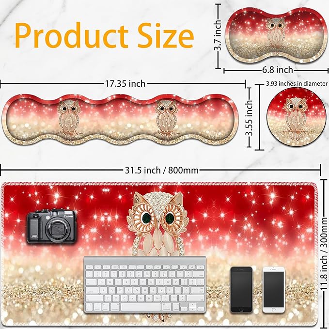 Large Mouse Pad Set Desktop Mouse Pad + Keyboard Wrist Pad + Mouse Wrist Pad + Coaster Ergonomic Memory Foam Multi-functional Desk Mat - Owl on Pink Background