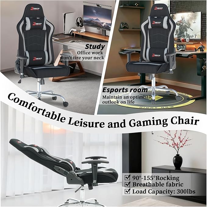 Gaming Chair High-Back Ergonomic Computer Chair Adult Lumbar Support Breathable Fabric Office Chair 3D Independent Armrests。(1005-gray)