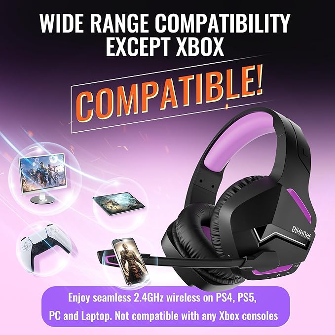 BINNUNE 2.4GHz Wireless Gaming Headset Bluetooth 5.3 Gaming Headphones with Noise Canceling Mic 120H Ultra-Long Battery 50mm Drivers Multi-Platform for PC / PS5 /PS4/ Switch/Mobile Purple