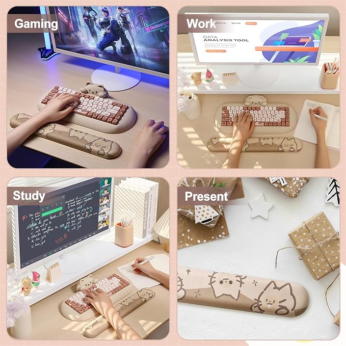 YUNZII Keyboard Wrist Support Ergonomic Mouse Support for Typing Pain Relief Slip Resistant PU Base Cute Wrist Rest for Office Gaming Computer (Cat)