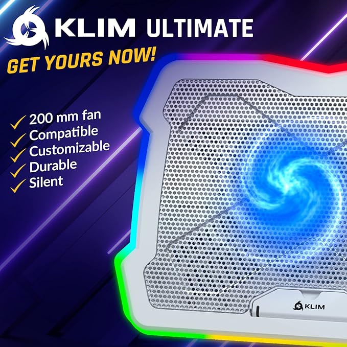 KLIM Ultimate + RGB Laptop Cooling Pad with LED Rim + New + Gaming Laptop Cooler + USB Powered Fan + Very Stable and Silent Laptop Stand + Compatible up to 17 + PC Mac PS5 PS4 Xbox One - White