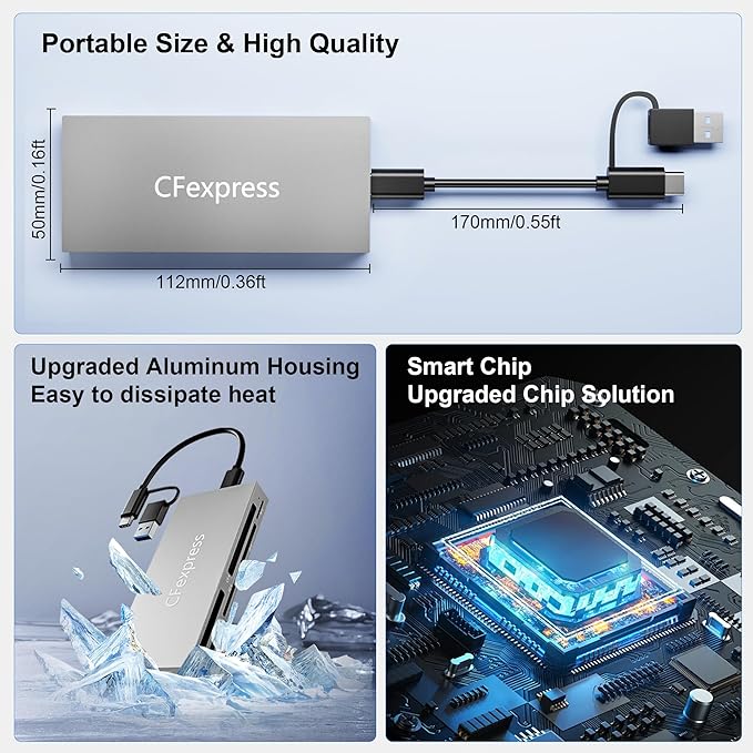 8 in 1 CFexpress Type B Card Reader with 2 USB3.2 (Gen 2) 10Gbps USB-C&ampUSB-A 2-in-1 Type B CF Express Card Reader Hub for CFexpress Type B/SD/TF/CF/XD/MS/USB Multi Reader Read 8 ports Simultaneo